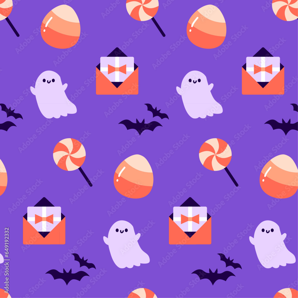 Illustration vectorielle d'Halloween. Modèle d'éléments et de pictogrammes vectoriels d'Halloween : fatôme, sucette, friandise, chauve souris et carton d'invitation. Illustration. 