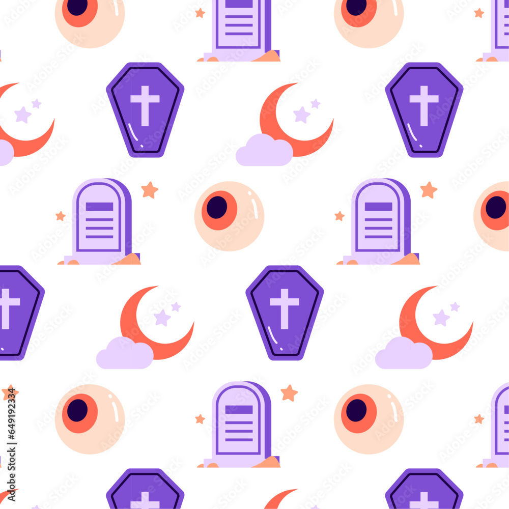 Illustration vectorielle de d'Halloween. Pattern d'éléments et pictos vectoriel d'halloween :  oeil de cyclope, cercueil de vampire, tombe de mort-vivant, croissant de lune et étoiles la nuit.