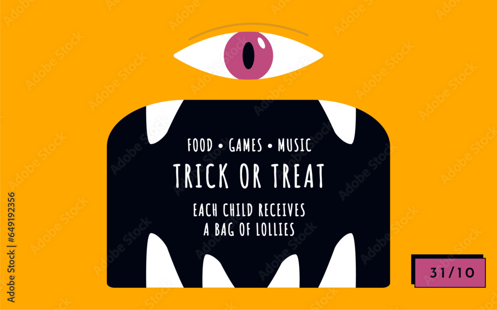 Illustration de monstre vectorielle d'Halloween. Affiche d'un cyclope orange pour Halloween. Visage de cyclope, avec de grandes dents, un oeil, vectoriel.