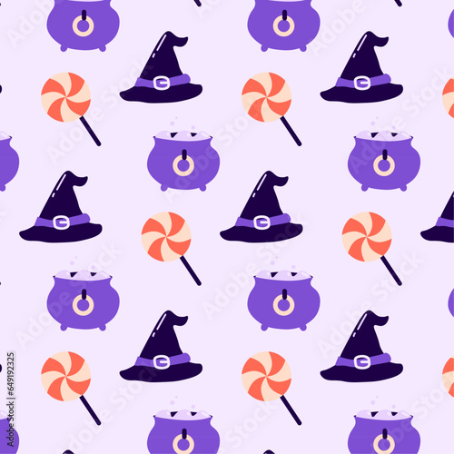 Illustration vectorielle d'Halloween. Modèle d'éléments et de pictogrammes vectoriels d'Halloween : chapeau de sorcière, sucette, friandise, potion et chaudron. Illustration. 