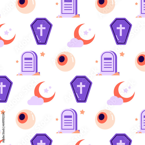Illustration vectorielle de d'Halloween. Pattern d'éléments et pictos vectoriel d'halloween :  oeil de cyclope, cercueil de vampire, tombe de mort-vivant, croissant de lune et étoiles la nuit.