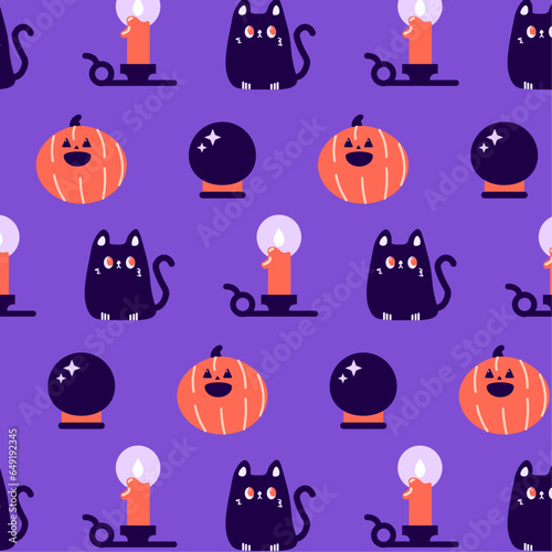 Illustration vectorielle d'Halloween. Modèle d'éléments et de pictogrammes vectoriels d'Halloween : chat noir, chat de sorcière, citrouille, boule de cristal et lampe. 