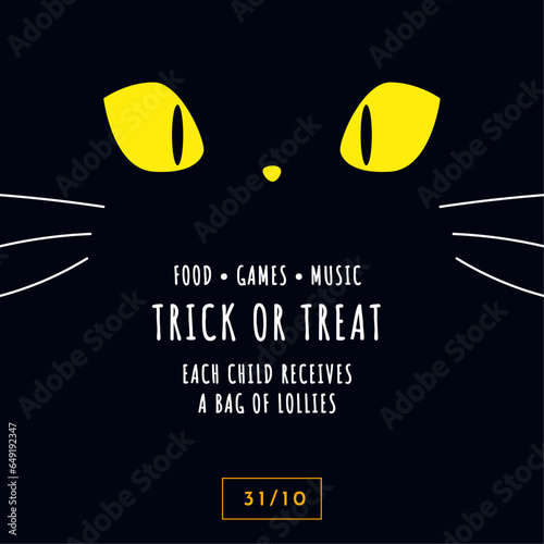 Illustration vectorielle de chat noir d'Halloween. Affiche d'un visage de chat de sorcière pour Halloween. Visage de chat vectoriel avec des astuces ou des friandises pour la fête d'Halloween.