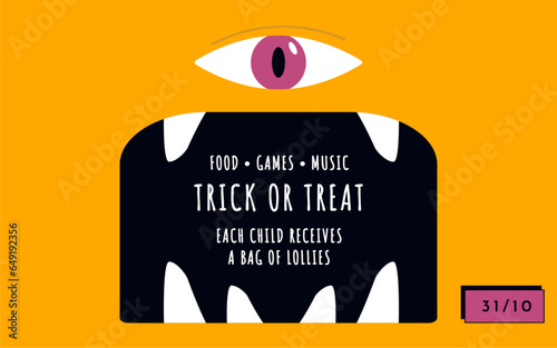 Illustration de monstre vectorielle d'Halloween. Affiche d'un cyclope orange pour Halloween. Visage de cyclope, avec de grandes dents, un oeil, vectoriel.