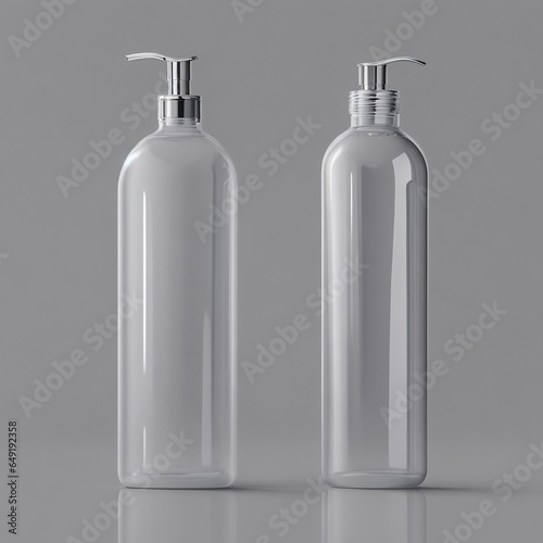 cosmetic bottle, with a subtle reflection on a reflective surface.
