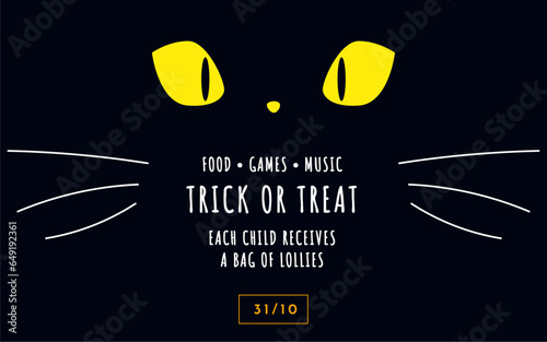 Illustration vectorielle de chat noir d'Halloween. Affiche d'un visage de chat de sorcière pour Halloween. Visage de chat vectoriel avec des astuces ou des friandises pour la fête d'Halloween.