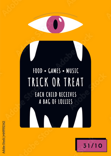 Illustration de monstre vectorielle d'Halloween. Affiche d'un cyclope orange pour Halloween. Visage de cyclope, avec de grandes dents, un oeil, vectoriel.