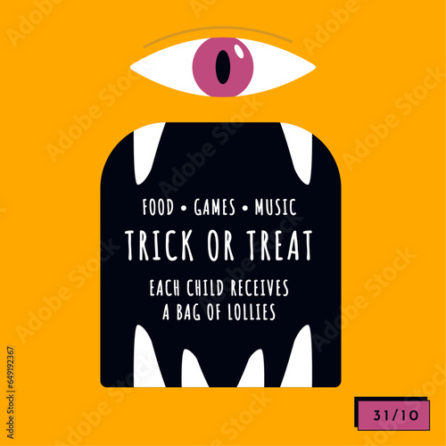 Illustration de monstre vectorielle d'Halloween. Affiche d'un cyclope orange pour Halloween. Visage de cyclope, avec de grandes dents, un oeil, vectoriel.