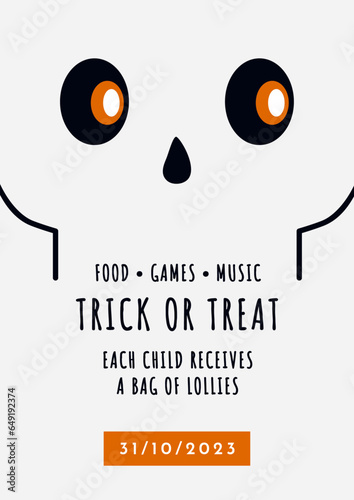 Illustration vectorielle de crâne d'Halloween. Affiche d'un squelette pour Halloween. Visage de squelette vectoriel avec des astuces ou des friandises pour la fête d'Halloween.