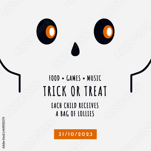 Illustration vectorielle de crâne d'Halloween. Affiche d'un squelette pour Halloween. Visage de squelette vectoriel avec des astuces ou des friandises pour la fête d'Halloween.