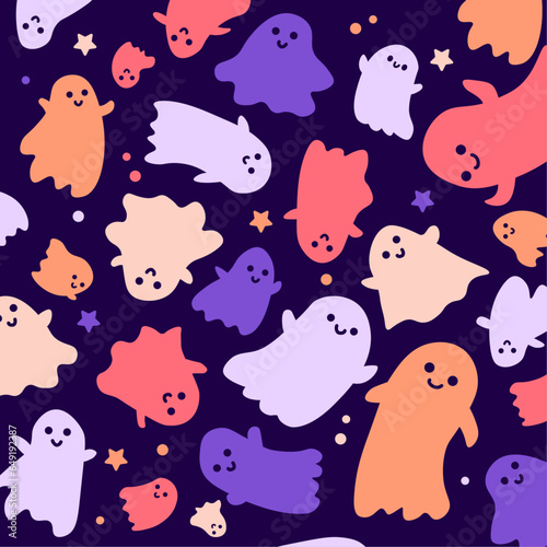 Illustration vectorielle d'halloween. Fantômes d'halloween colorés. Mignons petits fantômes vectoriels pour la fête d'halloween Fond d'écran motif wallpapper	