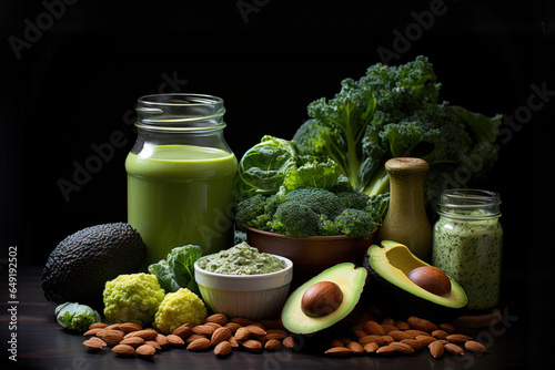 Healthy natural green foods: fruits, vegetables, seeds, superfoods on the table with black background