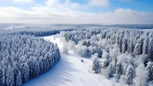 Drone photo, Top view of snow covered evergreen trees after a winter blizzard - Generative AI