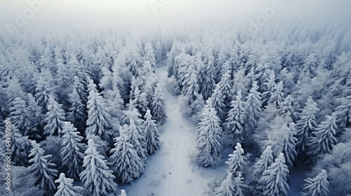 Drone photo, Top view of snow covered evergreen trees after a winter blizzard - Generative AI © seogi