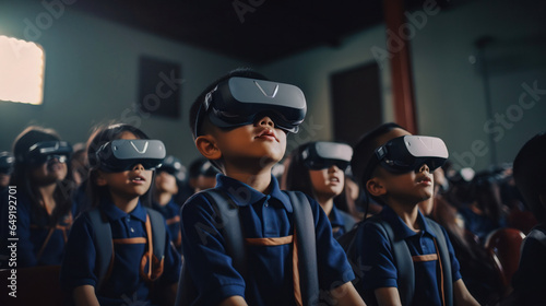 Group of schoolchildren with virtual reality glasses in the classroom. .Asian primary school age children virtual reality technologies during lesson. Futuristic education concept. Generative AI. photo