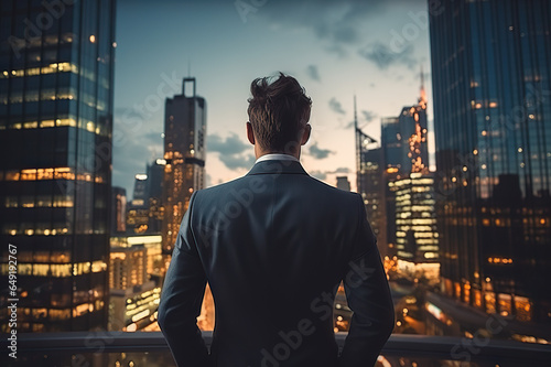 Back View of a Confident Businessman Facing a Tall Skyscraper in a Thriving Modern American Cityscape. created with Generative AI