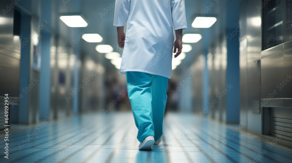 Rear view of a surgeon wearing a sterile gown or surgical gown while walking in the operating room.,Surgeon or doctor wearing protective clothing walking towards operating room in hospital. - obrazy, fototapety, plakaty 