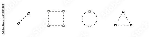 Selection shapes with dotted lines. Line, square, circle and triangle graphic app tool with geometric shape set.