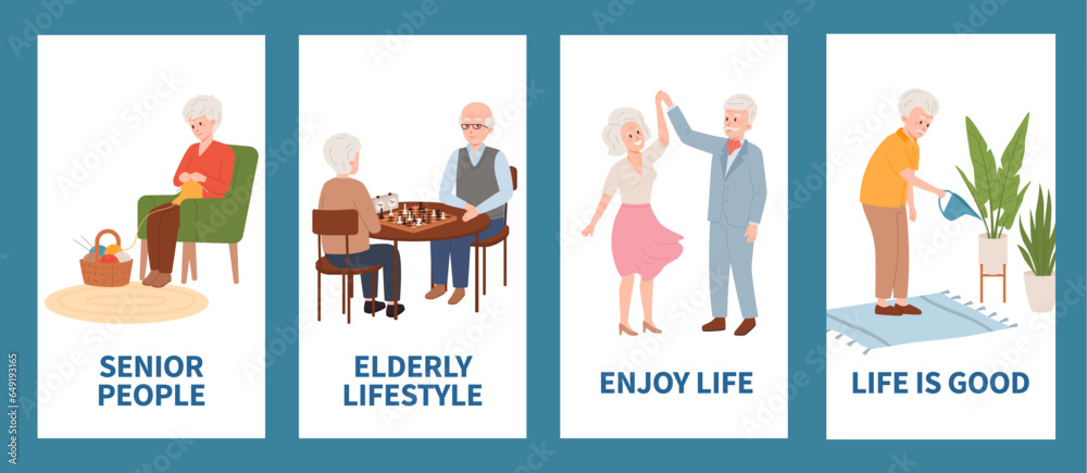 Happy and healthy old people living active life, posters with text - flat vector illustration.
