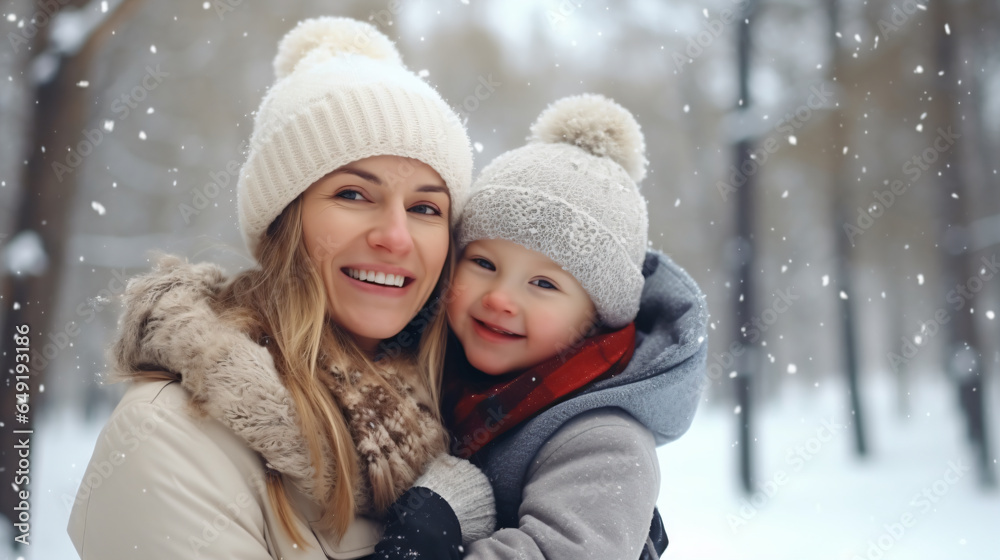 Happy family enjoying snowy weather outdoors, mother holding her young son while walking in winter park - Generative AI