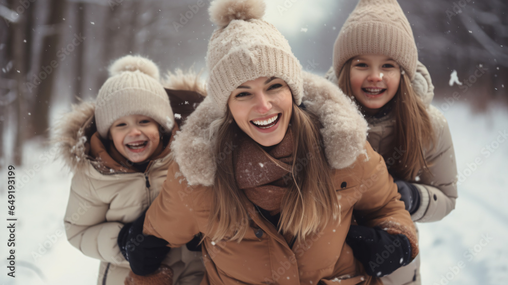 happy family mother and children having fun on winter walk - Generative AI