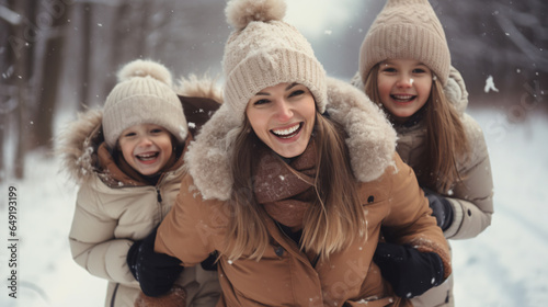 happy family mother and children having fun on winter walk - Generative AI