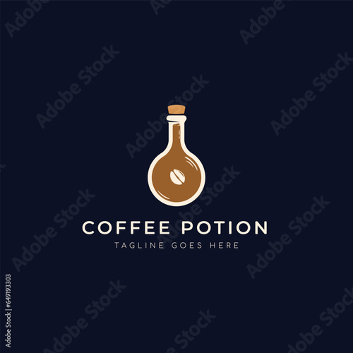 coffee liquid inside chemical flask tube or potion bottle, a coffee potion vector logo design for cafe and beverage business