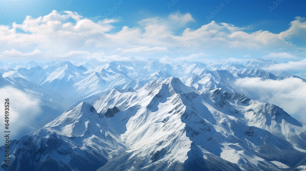 An aerial view of a rugged mountain range, its peaks dusted with the first snow of early spring An aerial view of a rugged mountain range, its peaks dusted with the first snow of early spring