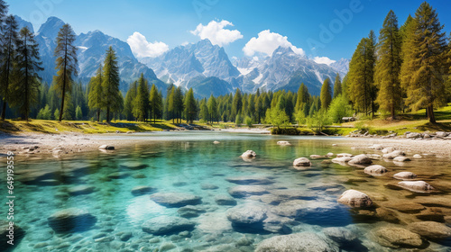 An alpine lake surrounded by towering peaks, its crystal-clear waters reflecting the majestic mountains
