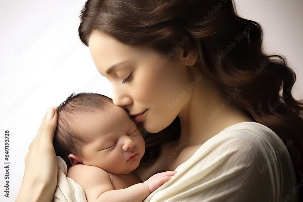 Beautiful Caucasian Mother Tenderly Holding, Kissing, and Embracing Her Precious Newborn Baby on a White Background. created with Generative AI Beautiful Caucasian Mother Tenderly Holding, Kissing, and Embracing Her Precious Newborn Baby on a White Background. created with Generative AI