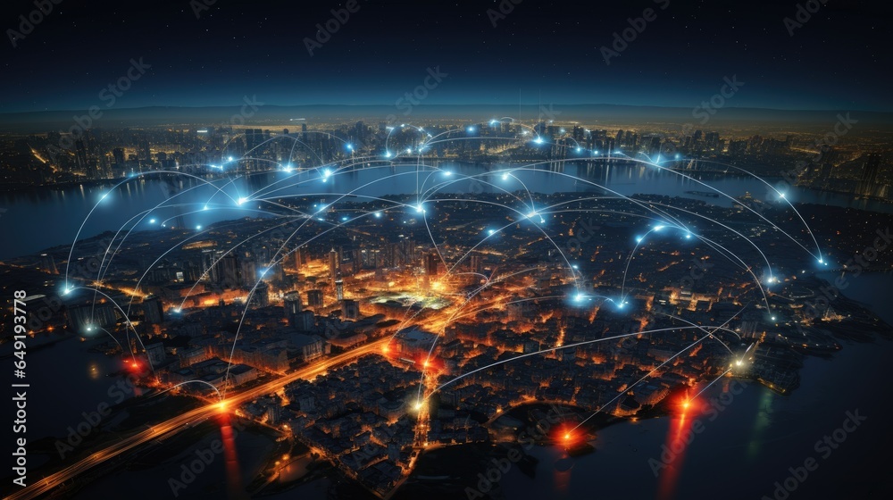 big city at night with network lines connected to satellites, cityscapes, circular shapes, industrial photography