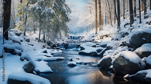 A tranquil mountain stream winding its way through a snowy forest, creating a peaceful winter scene © Наталья Евтехова