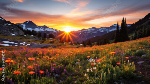 An early spring sunrise illuminating a mountain meadow bursting with colorful wildflowers