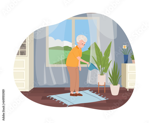 Old man watering flowers at home flat style, vector illustration