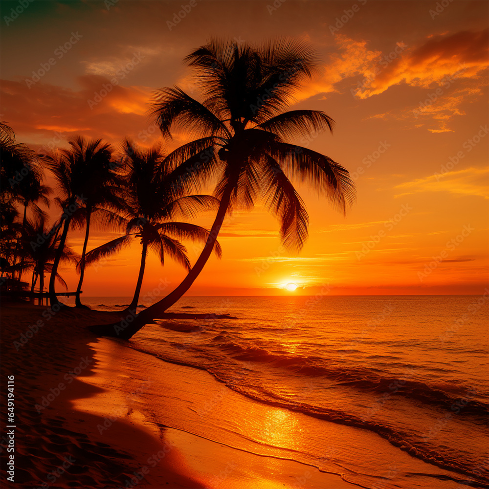 beach sunset with palm silhouette