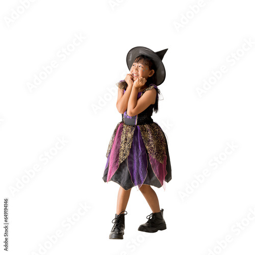 Cute asian girl Wear witch clothes costume Halloween concept, Standing Looking surprise posing full body portrait isolated on white and transparent background