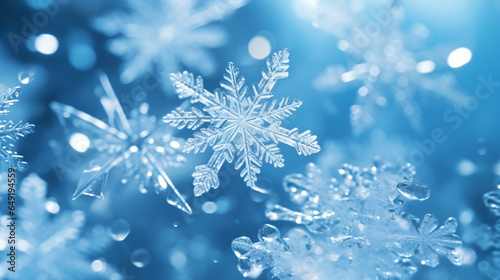 Snow in winter close-up. Macro image of snowflakes - Generative AI