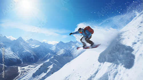 Snowboarder at jump in high mountains at sunny day - Generative AI