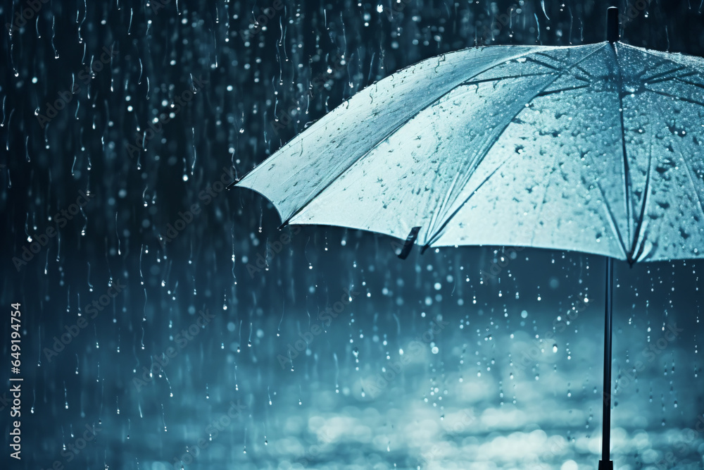 Transparent umbrella under heavy rain against water drops splash background. Rainy weather concept - Generative AI