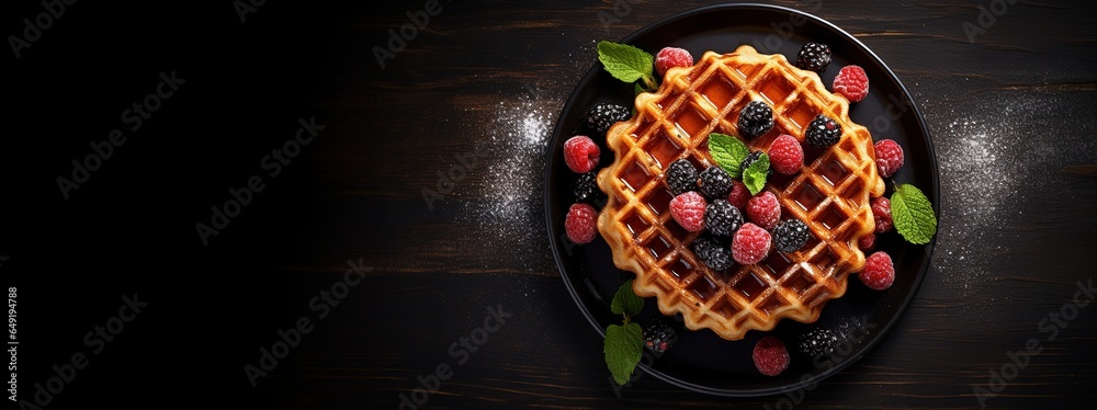 Generative AI, Assorted Belgian waffles with fruit and syrup, sweet baked dessert Generative AI, Assorted Belgian waffles with fruit and syrup, sweet baked dessert