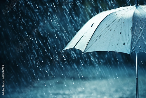 Transparent umbrella under heavy rain against water drops splash background. Rainy weather concept - Generative AI