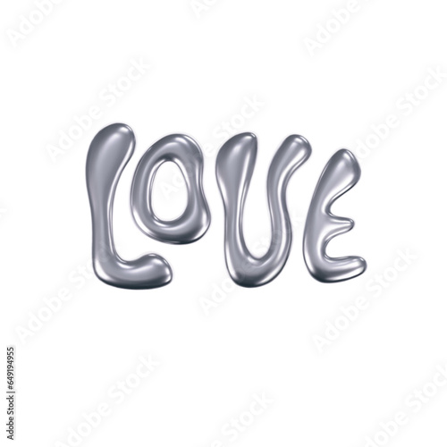 3d chrome love text in y2k style isolated on a white background. Render of 3d silver lettering with glossy gradient effect. 3d vector y2k illustration.