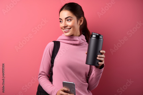 Portrait of a beautiful smiling fit woman with a backpack and a bottle of water and a phone in her hand getting ready for training isolated on a pink background.generative ai
