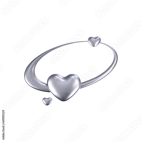 3d chrome heart icon, like galaxy planet with stars in y2k style isolated on white background. Render of 3d silver heart emoji with glossy gradient effect. 3d vector y2k illustration.