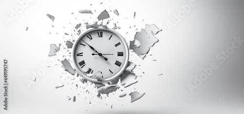  alarm clock shattering into small pieces isolated on white background. Final deadline. Time expired. Time planning.