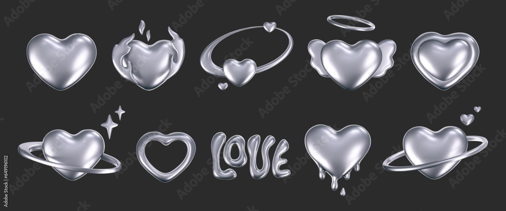 Photography Poster 3d chrome hearts in y2k style isolated on dark