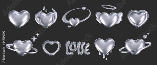 3d chrome hearts in y2k style isolated on dark background. Render 3d silver hearts with galaxy planet, stars, fire flame, angel wings, melting, love text and glossy effect. 3d vector y2k illustration © janevasileva