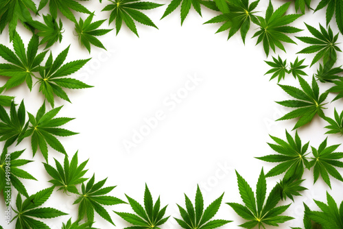Beautiful blank white background or circle and cannabis leaves around with space for product, text or inscriptions. View from above.generative ai 