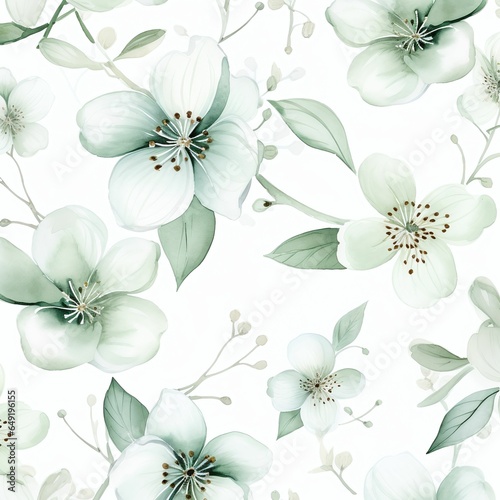 Seamless floral pattern with white anemones and green leaves. Vector illustration. Floral background. © Natart