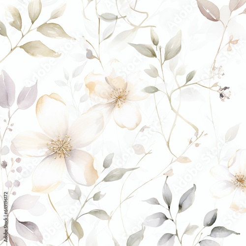 Watercolor painting of leaf and flowers, seamless pattern on white background. © Natart
